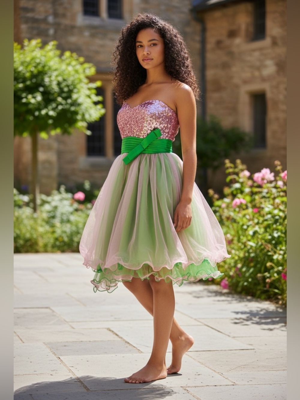 Ever Pretty Purple & Green Sequin Top Dress with Green Sash -Comes with Sash Pin